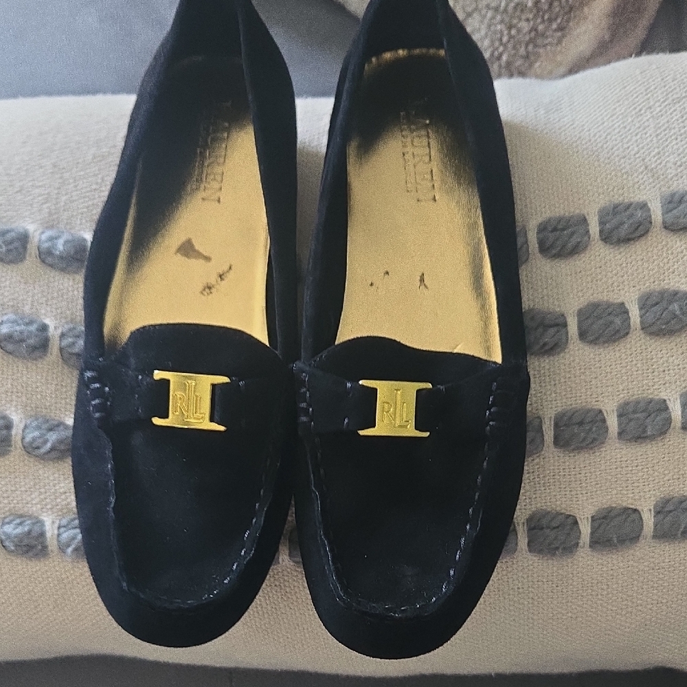 Ralph Lauren Black Suede Loafers with Gold RL Hardware
